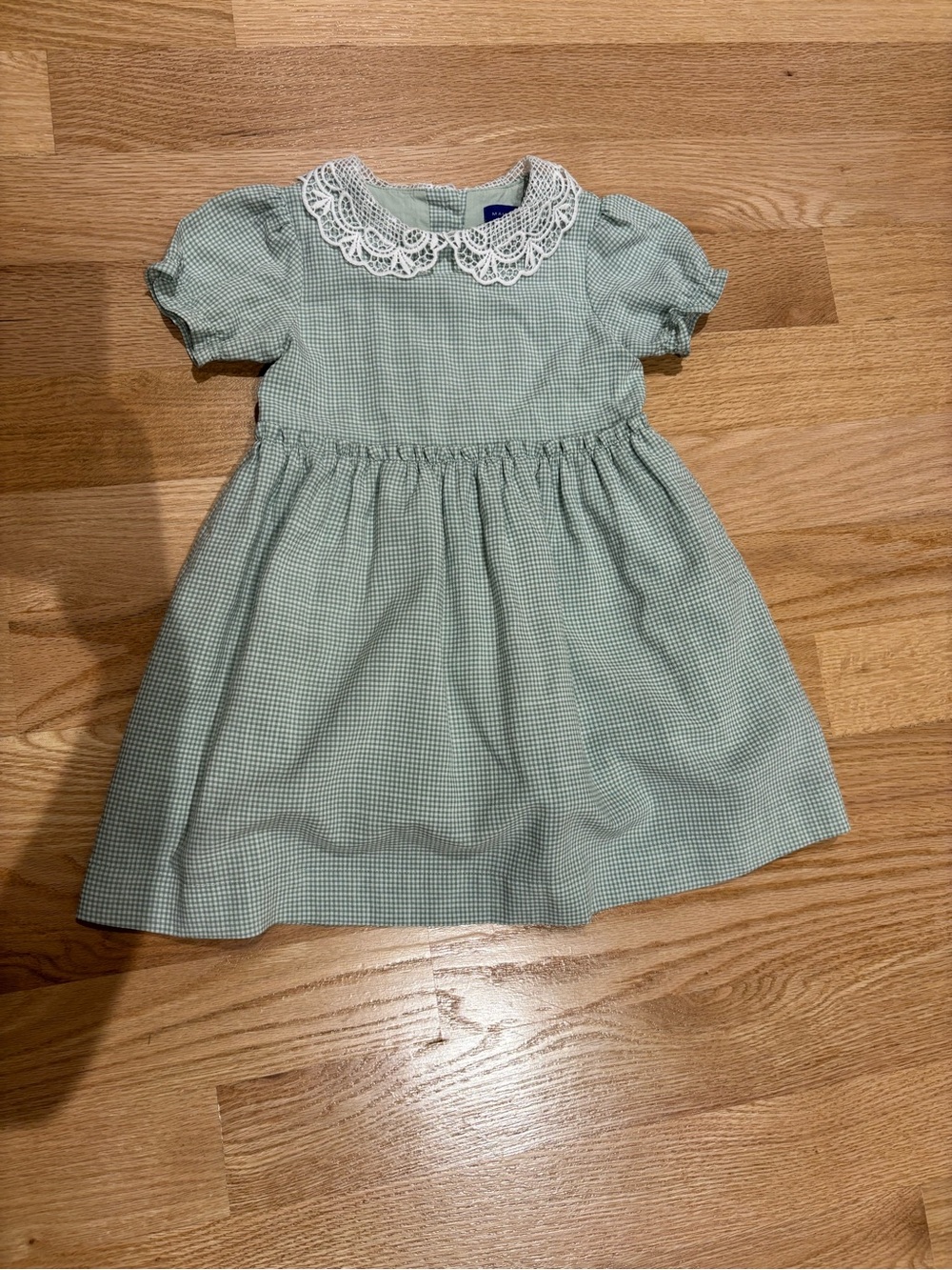 Girls' Green Gingham Dress with Lace Collar